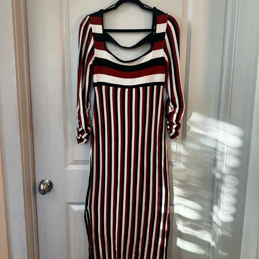 Anthropologie Maeve Striped Square Neck Brown/Black/White Midi Dress, Size Sy